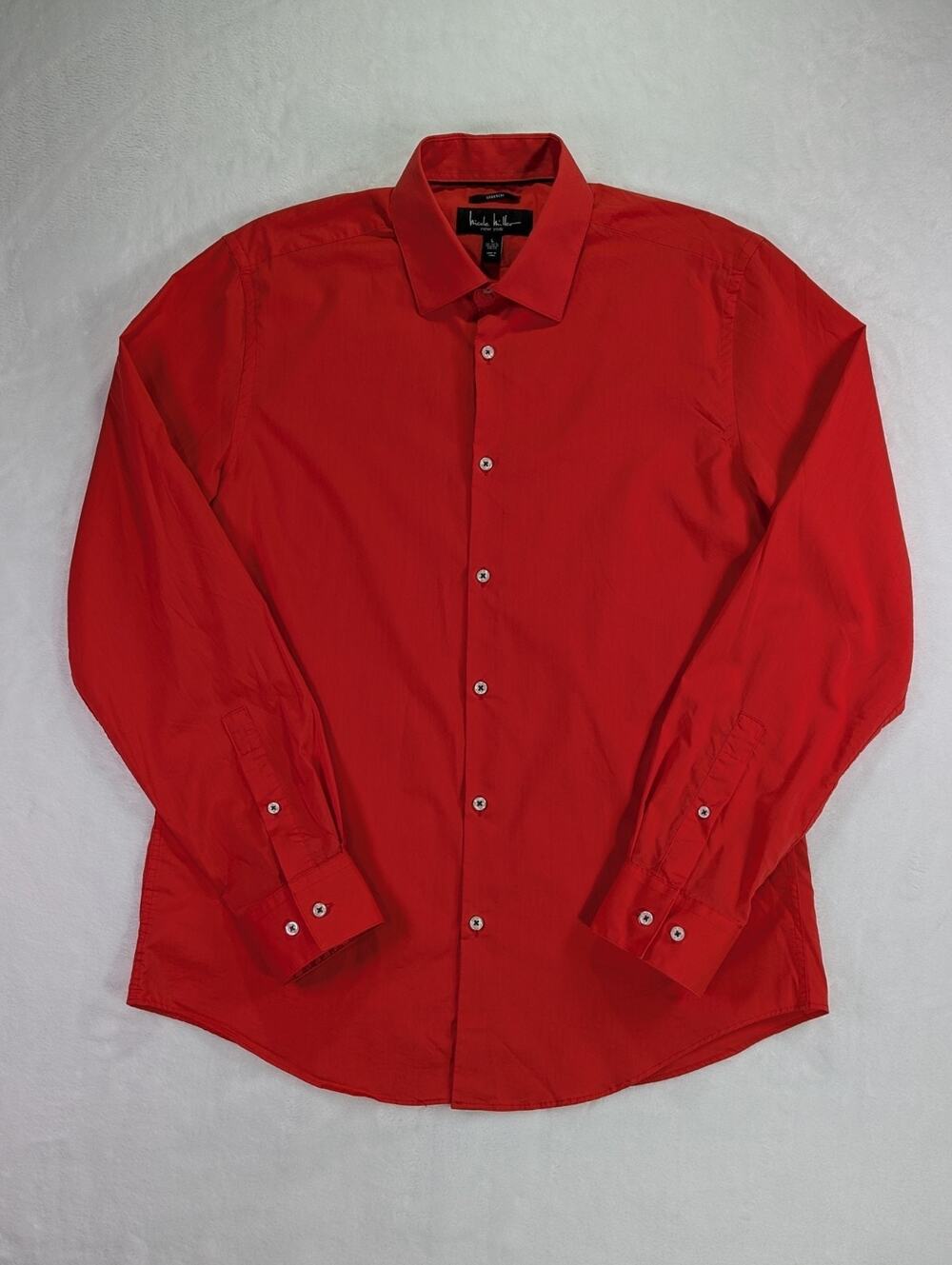 Nicole Miller NY Men L 16 16.5 Dress Shirt Stretch Red Pearl Button Long Sleeve